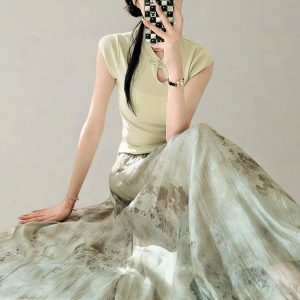 Watercolor Ink Print Large Swing Half-Length Skirt with Cicada Wing Texture - Green Women's Summer 2025 Gradient Printed Long Skirt