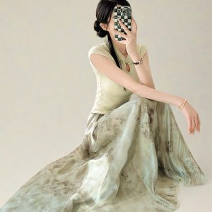 Watercolor Ink Print Large Swing Half-Length Skirt with Cicada Wing Texture - Green Women's Summer 2025 Gradient Printed Long Skirt