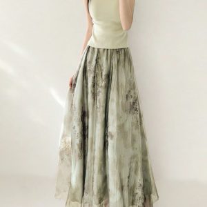 Watercolor Ink Print Large Swing Half-Length Skirt with Cicada Wing Texture - Green Women's Summer 2025 Gradient Printed Long Skirt