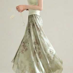 Watercolor Ink Print Large Swing Half-Length Skirt with Cicada Wing Texture - Green Women's Summer 2025 Gradient Printed Long Skirt