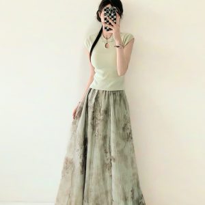 Watercolor Ink Print Large Swing Half-Length Skirt with Cicada Wing Texture - Green Women's Summer 2025 Gradient Printed Long Skirt