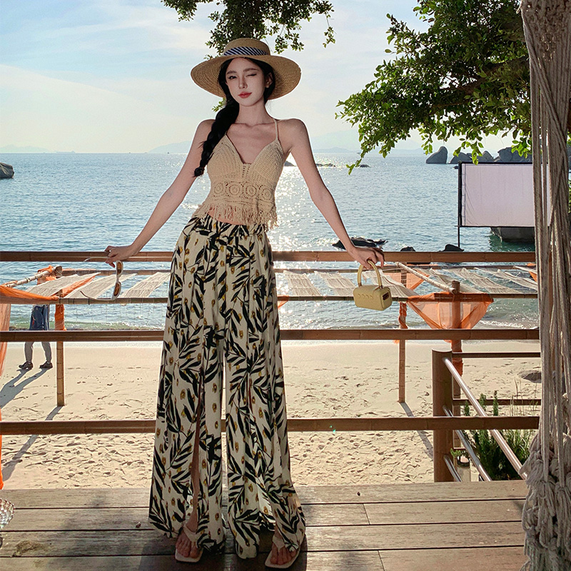 Watercolor Printed Wide-Leg Pants - Ethnic Resort Beach Style, Chiffon Fabric, Thai Skirt Design for Vacation & Summer Outfits