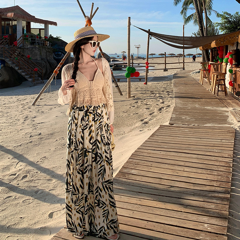 Watercolor Printed Wide-Leg Pants - Ethnic Resort Beach Style, Chiffon Fabric, Thai Skirt Design for Vacation & Summer Outfits