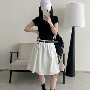 White A-Line Half Skirt with Belt for Women - Summer Mid-Length Skirt, Hip-Covering Slim Fit, Trendy Sun Grapefruit Style