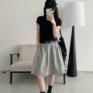 White A-Line Half Skirt with Belt for Women - Summer Mid-Length Skirt, Hip-Covering Slim Fit, Trendy Sun Grapefruit Style