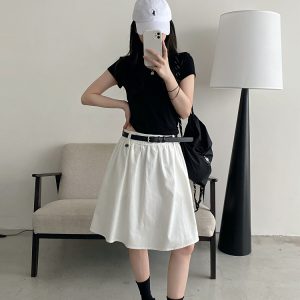White A-Line Half Skirt with Belt for Women - Summer Mid-Length Skirt, Hip-Covering Slim Fit, Trendy Sun Grapefruit Style