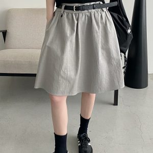 White A-Line Half Skirt with Belt for Women - Summer Mid-Length Skirt, Hip-Covering Slim Fit, Trendy Sun Grapefruit Style