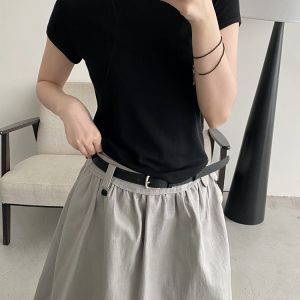 White A-Line Half Skirt with Belt for Women - Summer Mid-Length Skirt, Hip-Covering Slim Fit, Trendy Sun Grapefruit Style