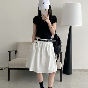White A-Line Half Skirt with Belt for Women - Summer Mid-Length Skirt, Hip-Covering Slim Fit, Trendy Sun Grapefruit Style
