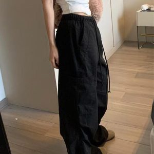 White Cargo Pants for Women - Loose Straight Wide-Leg Design with Drawstring, Versatile Sports Casual Parachute Style