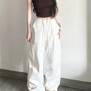White Cargo Pants for Women - Loose Straight Wide-Leg Design with Drawstring, Versatile Sports Casual Parachute Style