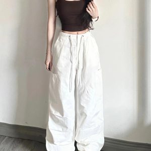 White Cargo Pants for Women - Loose Straight Wide-Leg Design with Drawstring, Versatile Sports Casual Parachute Style