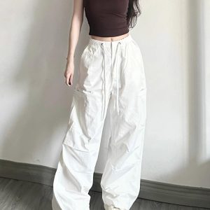White Cargo Pants for Women - Loose Straight Wide-Leg Design with Drawstring, Versatile Sports Casual Parachute Style