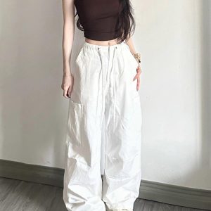 White Cargo Pants for Women - Loose Straight Wide-Leg Design with Drawstring, Versatile Sports Casual Parachute Style