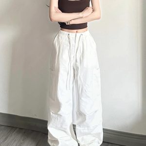 White Cargo Pants for Women - Loose Straight Wide-Leg Design with Drawstring, Versatile Sports Casual Parachute Style