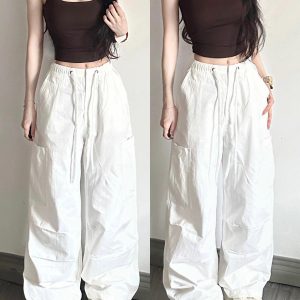 White Cargo Pants for Women - Loose Straight Wide-Leg Design with Drawstring, Versatile Sports Casual Parachute Style