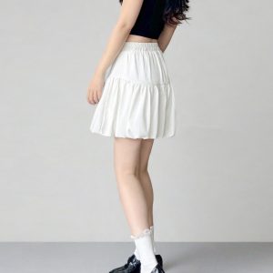 White Cloud A-Line Skirt with Anti-Exposure Lining, Floral Jellyfish Design, Summer Lantern Style, Age-Reducing Short Skirt for 25+