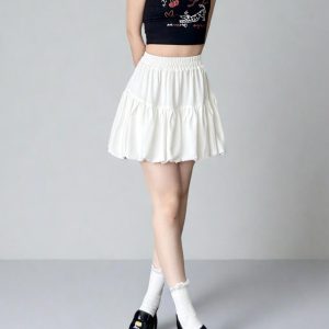 White Cloud A-Line Skirt with Anti-Exposure Lining, Floral Jellyfish Design, Summer Lantern Style, Age-Reducing Short Skirt for 25+