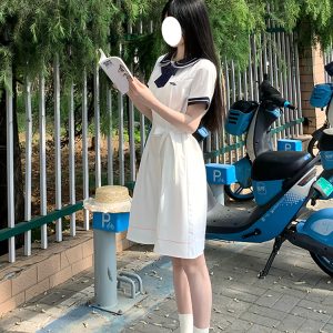 White Doll Collar Embroidered Waist-Tie Dress in College Style for Women - Summer Pudding Bear JK Uniform Inspired Fashion