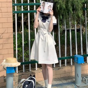 White Doll Collar Embroidered Waist-Tie Dress in College Style for Women - Summer Pudding Bear JK Uniform Inspired Fashion