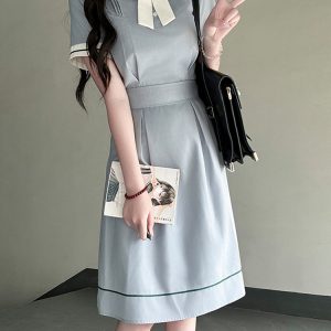 White Doll Collar Embroidered Waist-Tie Dress in College Style for Women - Summer Pudding Bear JK Uniform Inspired Fashion