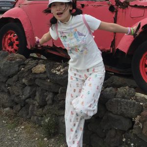 White Dolphin Print Short Sleeve T-Shirt for Women, Fitted Summer Top, Sweet and Spicy American Style, Y2K Fashion