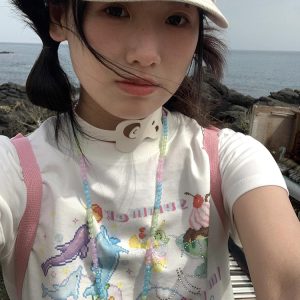 White Dolphin Print Short Sleeve T-Shirt for Women, Fitted Summer Top, Sweet and Spicy American Style, Y2K Fashion