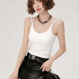 White Double-Strap Camisole for Women - Summer Layering Top with Chest Pads, Sexy Back Design, Perfect for Y2K and Korean Style Fashion