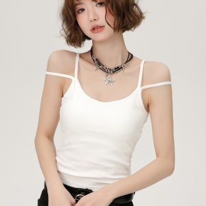 White Double-Strap Camisole for Women - Summer Layering Top with Chest Pads, Sexy Back Design, Perfect for Y2K and Korean Style Fashion