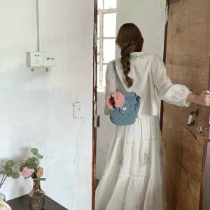 White Embroidered Lace Linen Shirt and Autumn Skirt Set for Women - Vintage Floral Design, Perfect for 90s and Y2K Style