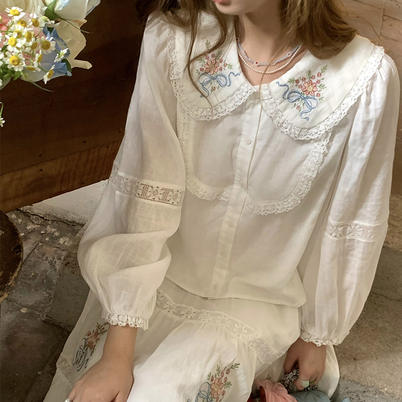 White Embroidered Lace Linen Shirt and Autumn Skirt Set for Women - Vintage Floral Design, Perfect for 90s and Y2K Style