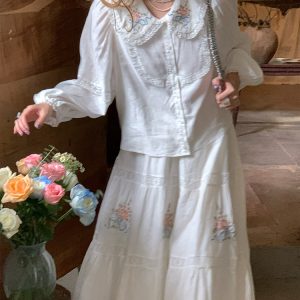 White Embroidered Lace Linen Shirt and Autumn Skirt Set for Women - Vintage Floral Design, Perfect for 90s and Y2K Style