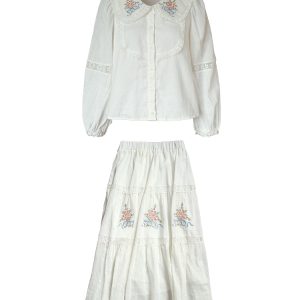 White Embroidered Lace Linen Shirt and Autumn Skirt Set for Women - Vintage Floral Design, Perfect for 90s and Y2K Style