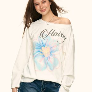 White Floral Print Off-Shoulder T-Shirt for Women, Summer Loose Relaxed Sun Protection Cover-Up, Casual 90s Style Top