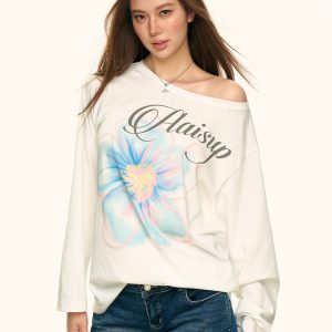 White Floral Print Off-Shoulder T-Shirt for Women, Summer Loose Relaxed Sun Protection Cover-Up, Casual 90s Style Top