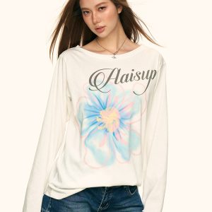 White Floral Print Off-Shoulder T-Shirt for Women, Summer Loose Relaxed Sun Protection Cover-Up, Casual 90s Style Top