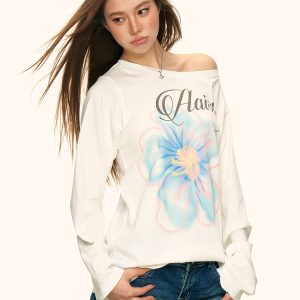 White Floral Print Off-Shoulder T-Shirt for Women, Summer Loose Relaxed Sun Protection Cover-Up, Casual 90s Style Top