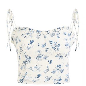 White Floral Ruffled Slim Fit Camisole Top - 2025 French Style Women's Fashion, Unique Design, Perfect for Spring & Summer