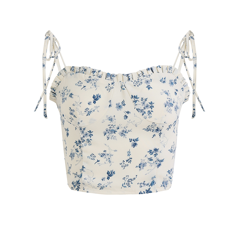 White Floral Ruffled Slim Fit Camisole Top - 2025 French Style Women's Fashion, Unique Design, Perfect for Spring & Summer