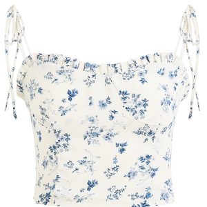 White Floral Ruffled Slim Fit Camisole Top - 2025 French Style Women's Fashion, Unique Design, Perfect for Spring & Summer