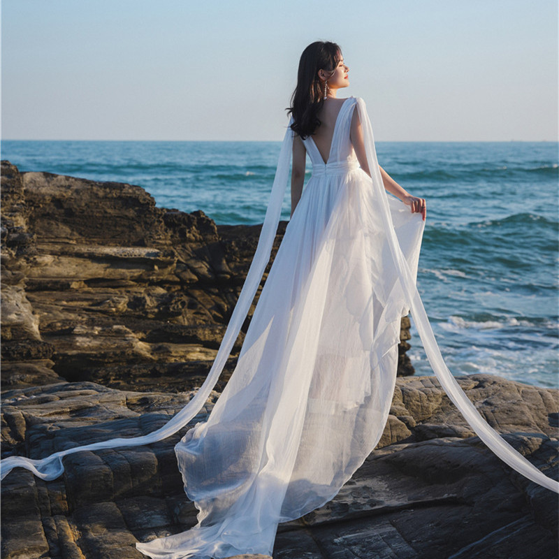 White Flowing Long Dress with Straps - Floor-Length Ethereal Wedding & Beach Dress for Seaside Photos, Boho Style