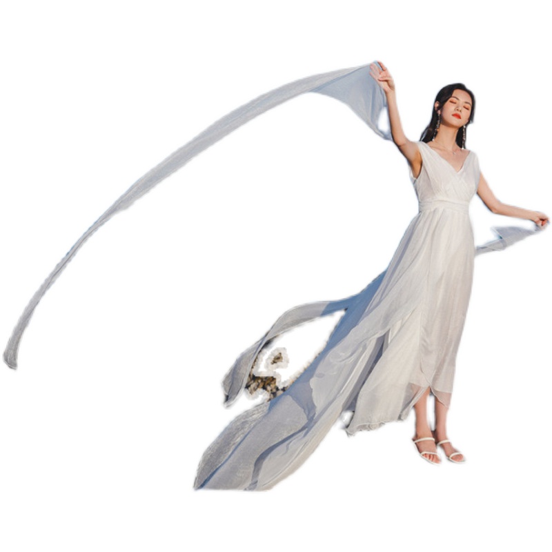 White Flowing Long Dress with Straps - Floor-Length Ethereal Wedding & Beach Dress for Seaside Photos, Boho Style White Flowing Long Dress with Straps - Floor-Length Ethereal Wedding & Beach Dress for Seaside Photos, Boho Style