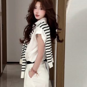 White Flutter Sleeve Short Sleeve Shirt for Women - French Style Summer Shawl Jacket, Loose Slimming Two-Piece Set, Trendy Fashion Top