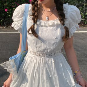 White French Cotton Short Sleeve Square Neck Dress with Puff Sleeves - Vintage Inspired Summer Dress for Women, 90s Style