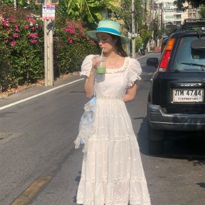 White French Cotton Short Sleeve Square Neck Dress with Puff Sleeves - Vintage Inspired Summer Dress for Women, 90s Style