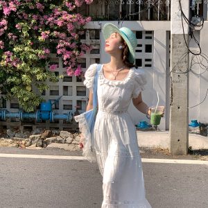 White French Cotton Short Sleeve Square Neck Dress with Puff Sleeves - Vintage Inspired Summer Dress for Women, 90s Style