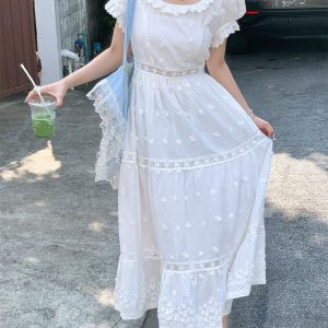 White French Cotton Short Sleeve Square Neck Dress with Puff Sleeves - Vintage Inspired Summer Dress for Women, 90s Style