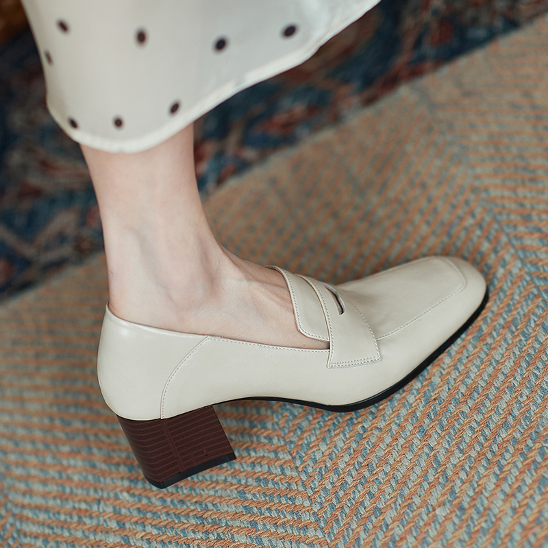 White Genuine Leather Square-Toe Chunky High Heel Loafers for Women - Stylish Italian Flats for Modern Fashionistas