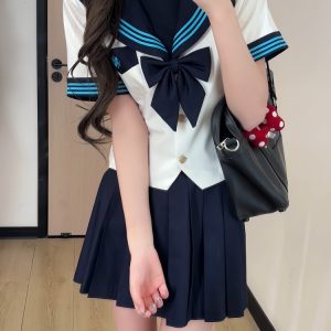 White JK Uniform Sailor Suit with Camellia Design - Women's Waist-Defined College Style Summer Short Sleeve Set
