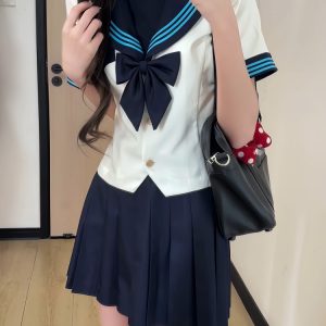 White JK Uniform Sailor Suit with Camellia Design - Women's Waist-Defined College Style Summer Short Sleeve Set
